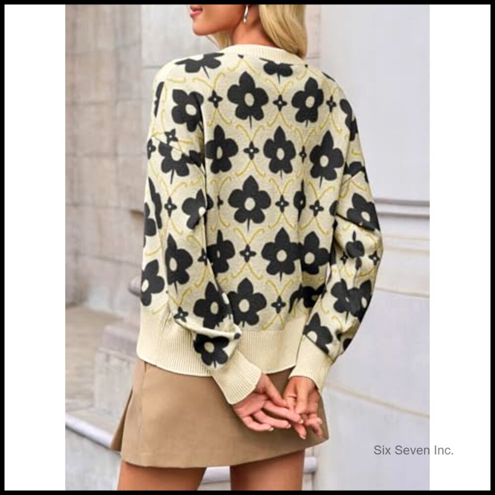 Floral Cardigan Sweater Long Sleeve Open Front Button Down Retro Knit Coat - Picture 6 of 7
